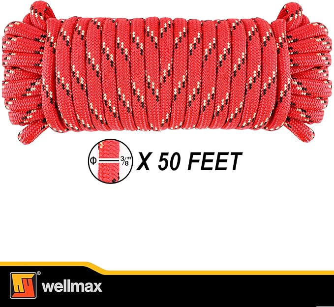 Wellmax Diamond Braid Nylon Rope, 3/8 in X 50 Foot, UV Resistant, High Strength and Weather Resistant - Red