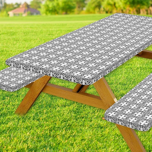 DYNH 3 Pcs Picnic Table Cover with Bench Covers, 8ft Elegant Patterns Waterproof Reusable Elastic Fitted Rectangle Picnic Table Cloths,30x96IN Picnic Tablecloth for Camping Patio Travel Outdoor