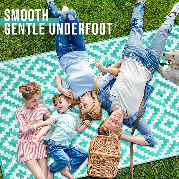 OLANLY Waterproof Outdoor Rug 8x10 ft, Outdoor Plastic Straw Rug for Camping, RV Mat Outside, Outdoor Carpet for Porch, Deck, Backyard, Balcony, Picnic, Turquoise & White