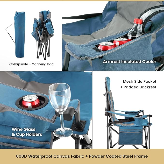 ARROWHEAD OUTDOOR 2-Pack Oversized XXL Portable Folding Camp Chair w/Glass & Cup Holders, Armrest Cooler, Heavy Duty Carry Bag, 600 lbs Weight Capacity