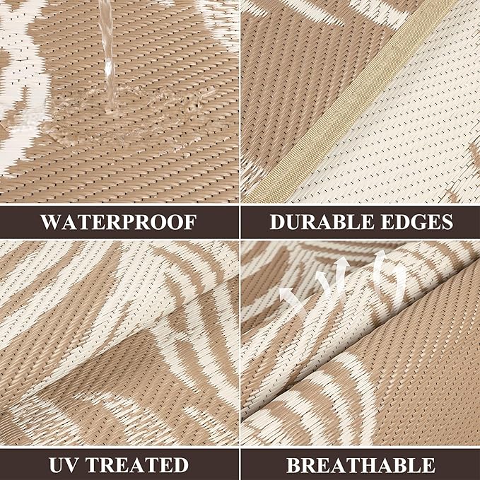 Pauwer Waterproof Outdoor Rug 5x8, Reversible Plastic Straw Patio Camping Rug, Indoor Outdoor RV Mat Carpet for Deck, Camper, Porch, Balcony, Backyard, Picnic, Leaf Brown