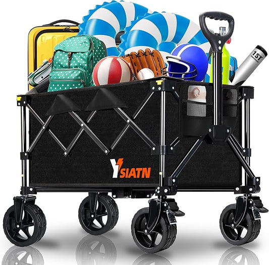 Collapsible Wagon Cart with Brake, Foldable Wagon Cart with All Terrain Wheels, Large Grocery Carts On Wheels, Heavy Duty Utility Wagons for Shopping Beach Sports Fishing Camping, 110L, Black