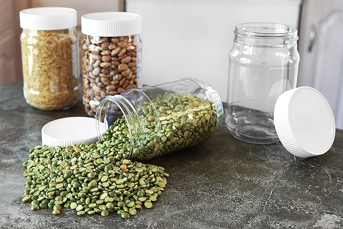 Pinnacle Mercantile Plastic Jars with Screw on Lined Lids 6 Pack 32 ounce Wide Mouth Food Storage Containers