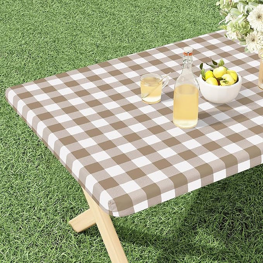 misaya Buffalo Rectangle Picnic Tablecloth, 4 Foot Elastic Fitted Vinyl Table Cloth with Flannel Backing, Waterproof Plaid Table Covers for Dining, Camping, Outdoor (Khaki and White, 24" x 48")