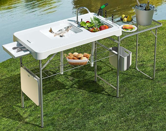 42.5" Fish Cleaning Table with Dual Sink, Portable Folding Camping Table with Foldable Extension Stand, Faucet, Sprayer, Grid Rack, Hose Hook Up & Knife Groove, Outdoor Sink Station for Picnic