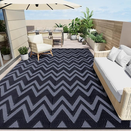 OLANLY Waterproof Outdoor Rug 8x10 ft Clearance, Reversible Outdoor Plastic Straw Rug, RV Mat, Indoor Outdoor Carpet for Patio, Camping, Balcony, Deck, Backyard, Black & Grey