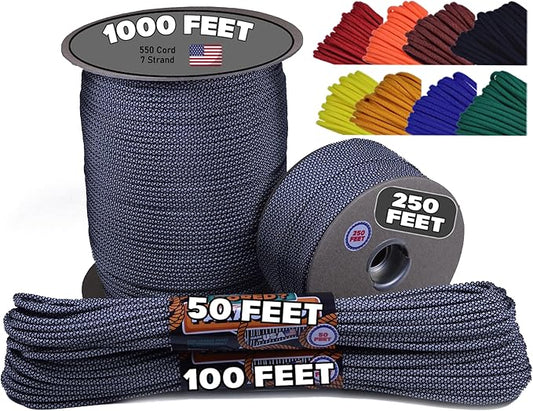 BORED? PARACORD! 550 lb Paracord - Ideal for Crafting, Camping, DIY Projects, Active & Military Outdoors - Strong Survival Rope - Tactical Parachute Cord Type III - Silver Diamonds 250 Feet