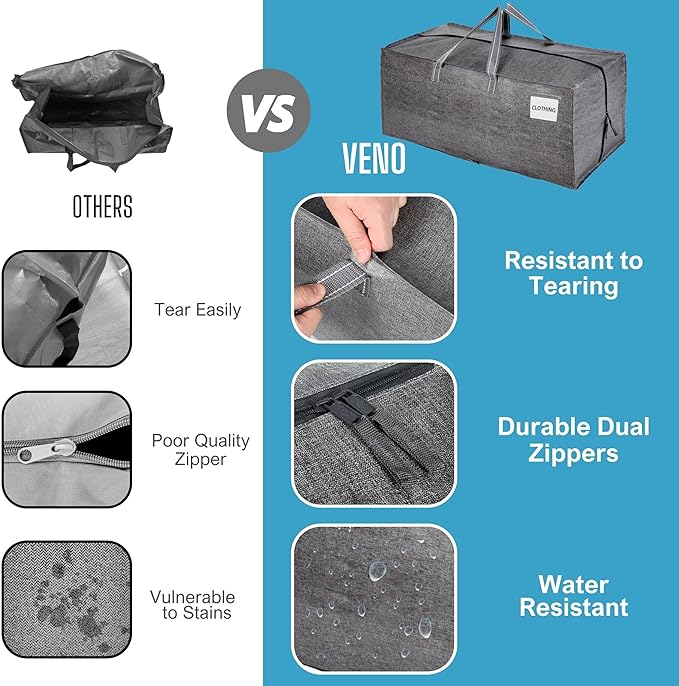 VENO 10 Pack Moving Bags w/Backpack Straps, Heavy Duty, Moving Boxes Alternative, Packing Supplies, Large Storage Totes for Dorm Room Essentials with Zipper for Clothes (Gray, 10 Pack)
