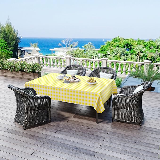 misaya Rectangle Waterproof Vinyl Table Cloth, Buffalo Flannel Backed Tablecloth, Wipeable Plastic Table Cover for Dinner, Kitchen, Outdoor (60" x 120", Yellow and White)