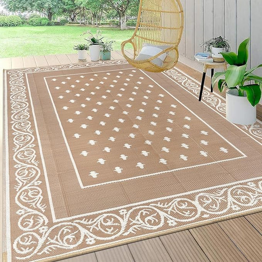 Pauwer Waterproof Outdoor Rug 8x10, Reversible Plastic Straw Patio Camping Rug, Indoor Outdoor RV Mat Carpet for Deck, Camper, Porch, Balcony, Backyard, Picnic, Bordered Beige