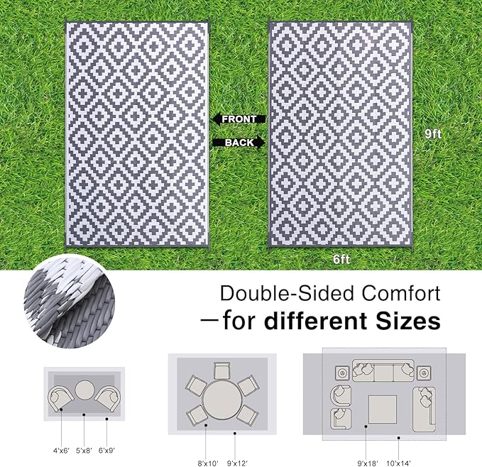OLANLY Waterproof Outdoor Rug 6x9 ft, Outdoor Plastic Straw Rug for Camping, RV Mat Outside, Outdoor Carpet for Porch, Deck, Backyard, Balcony, Picnic, Grey & White