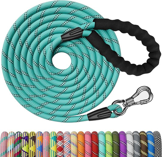 NTR 20FT Training Leash for Dogs, Reflective Nylon Rope with Swivel Lockable Hook and Comfortable Handle, Suitable for Small to Large Dogs - Teal