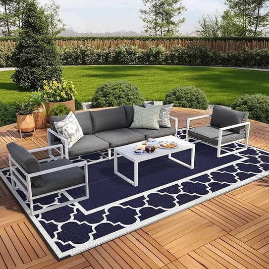 GENIMO 8' x 16' Outdoor Rug Waterproof for Patio, Foldable Reversible Plastic Straw Area Rugs Mat for Rv Decor, Outside Carpet for Camper, Deck, Picnic, Beach, Balcony, Porch, Blue & White