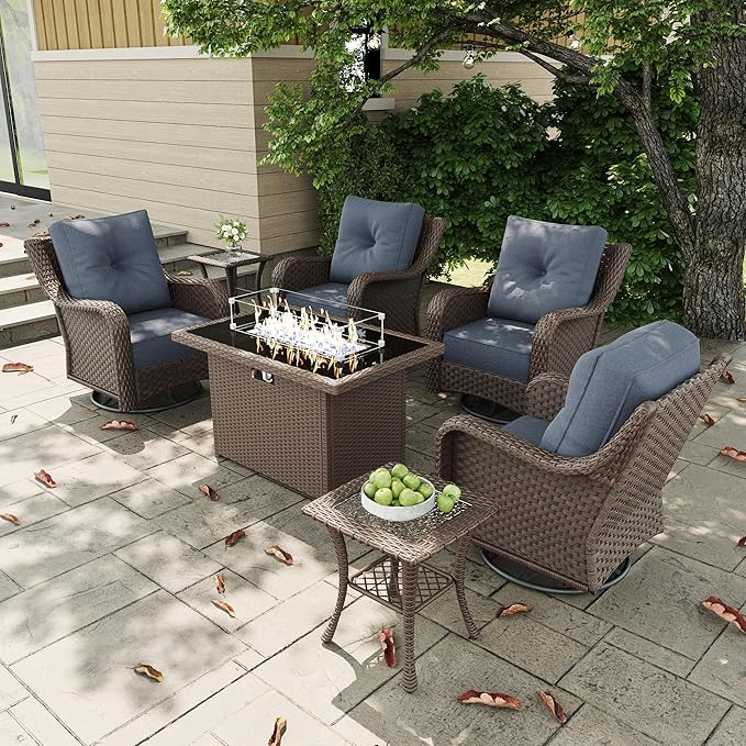 7 Pieces Outdoor Patio Furniture Sets with Rocking Swivel Chairs with 6-inch Thick Cushion and Fire Pit Table for Deck Lawn