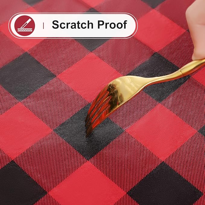 misaya Round Waterproof Vinyl Table Cloth, Buffalo Flannel Backed Tablecloth, Wipeable Plastic Table Cover for Dinner, Kitchen, Picnic (60", Red and Black)