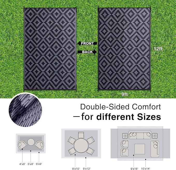 OLANLY Waterproof Outdoor Rug 9x12 ft, Outdoor Plastic Straw Rug for Camping, RV Mat Outside, Indoor Outdoor Carpet for Porch, Deck, Backyard, Balcony, Picnic, Black & Grey