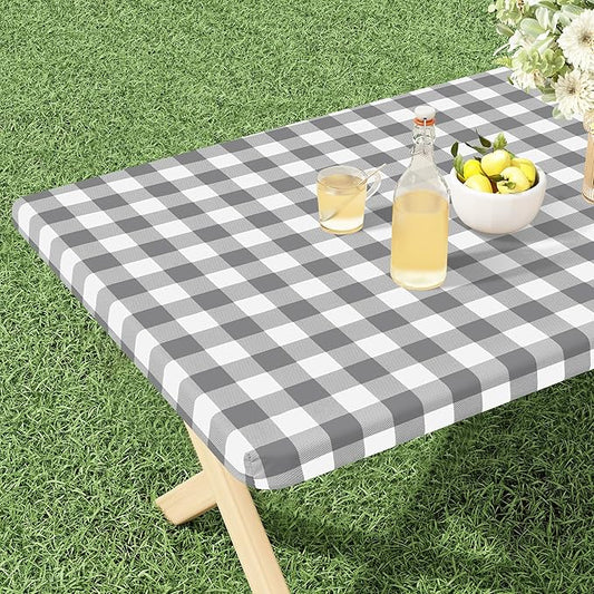misaya Buffalo Rectangle Picnic Tablecloth, 8 Foot Elastic Fitted Vinyl Table Cloth with Flannel Backing, Waterproof Plaid Table Covers for Dining, Camping, Outdoor (Grey and White, 30" x 96")