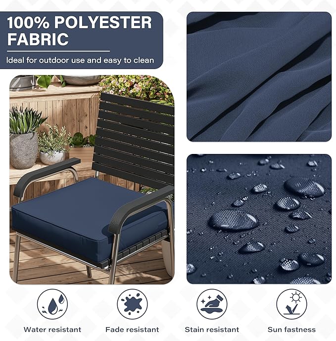 Patio Chair Cushions 22 X 22 X 4 Inch Waterproof Outdoor Seat Cushions for Patio Furniture, Outdoor Sofa Couch Pads with Ties & Handle, Set of 2, Navy Blue
