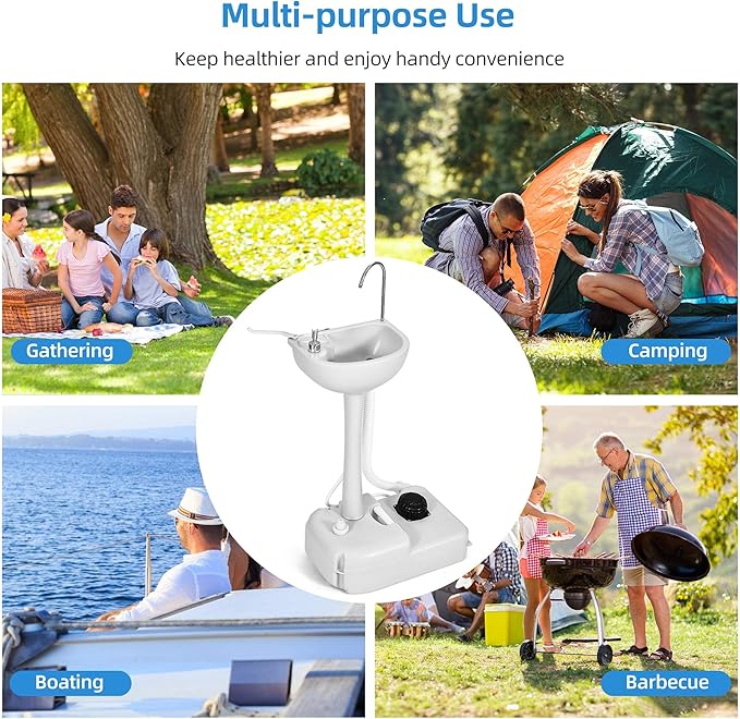 YITAHOME Portable Sink Camping Hand Washing Station with 17 L Wash Basin Stand, Rolling Wheels, Soap Dispenser, Towel Holder, for Outdoor, Travel, Boat, Gather, Garden, Worksite, White
