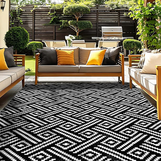 OPPODREAM Outdoor Rug 5x8 Ft, Waterproof Outdoor Plastic Straw Rug for Patio, Reversible Out Door Carpet for Camping, Deck, Rv, 5 x 8 Area Carpet for Balcony, Porch, Backyard, Black and White