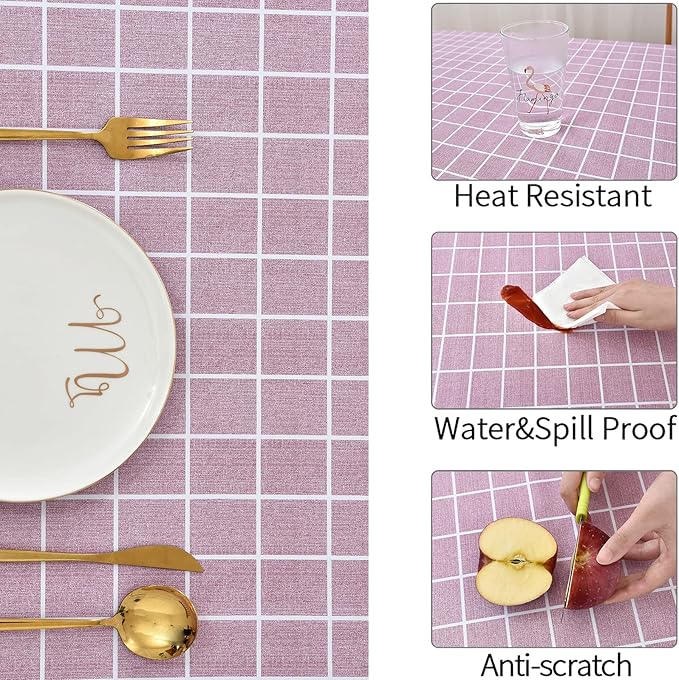 Romanstile Rectangle Plastic Tablecloth, 100% Waterproof Oil-Proof Checkered PVC Table Cloths, Heavy Duty Vinyl Table Covers for Dining, Camping, Picnic, Outdoor - 54 x 108 Inch, Pink