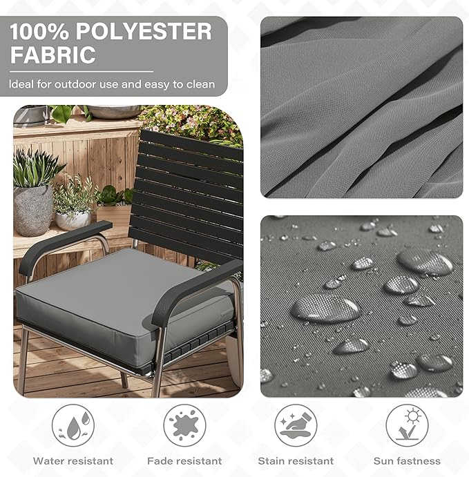 Patio Chair Cushions 18.5 X 16 X 4 Inch Waterproof Outdoor Seat Cushions for Patio Furniture, Outdoor Sofa Couch Pads with Ties & Handle, Set of 2, Light Grey