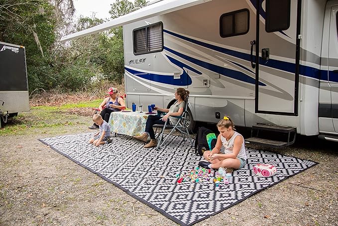 8x16 Black & Gray RV Mat with Carry Bag – Extra Thick 5mm Recycled Poly Rug – Waterproof, Reversible, Heavy-Duty – Premium Outdoor Rug for Campsite, Patio, Beach (8' x 16', Black)