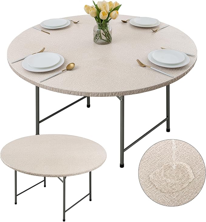 Fitable 2 Pack Faux Linen Round Table Cover with Flannel Backing, Vinyl Fitted Elastic Tablecloth Waterproof Table Cloth for Picnic, Party, Indoor Dining, Nature (Fit for 45"-56" Round Tables)