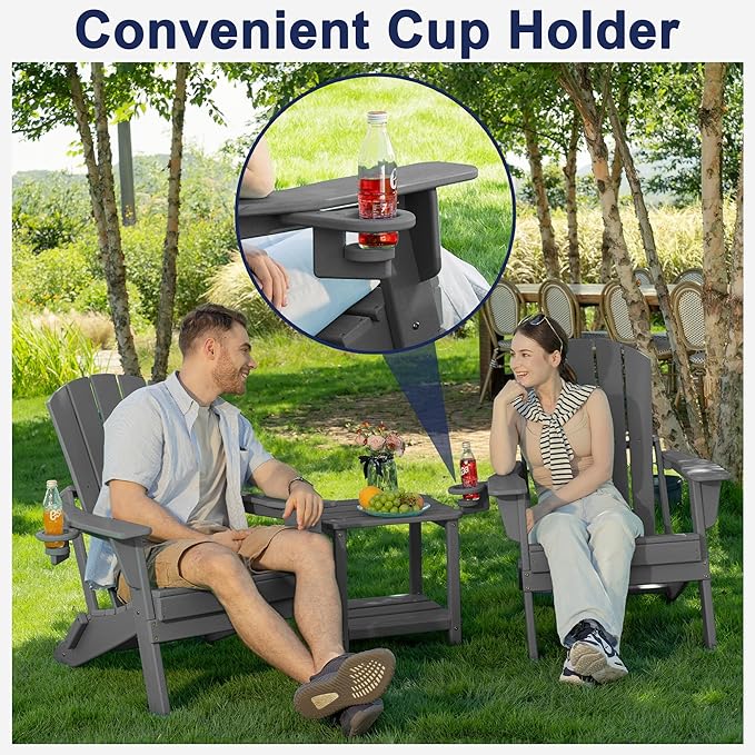 Folding Adirondack Chair, SGS Tested, Wooden Textured with Cup Holder, Heavy All-Weather HDPE Comfortable Set Poolside Backyard Lawn Grey