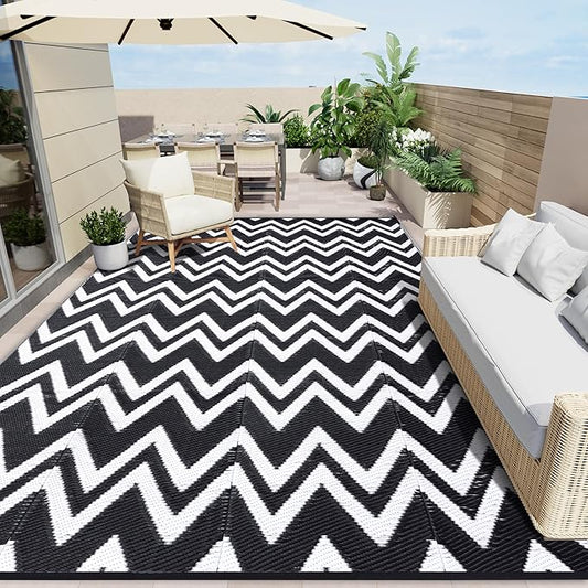 OLANLY Waterproof Outdoor Rug 9x12 ft Clearance, Reversible Outdoor Plastic Straw Rug, RV Mat, Indoor Outdoor Carpet for Patio, Camping, Balcony, Deck, Backyard, Black & White