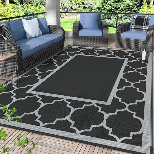 GENIMO 5' x 8' Outdoor Rug Waterproof for Patio Decor, Foldable Reversible Plastic Straw Area Rugs Mat for Camper, Outside Carpet for Rv, Deck, Porch, Picnic, Beach, Balcony, Black & Grey