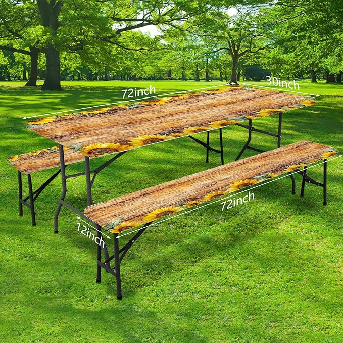 Picnic Table Cover with Bench Covers, Sunflower Wood Grain Pattern Elastic Edges, Waterproof Windproof Fitted Tablecloth, for Outdoor Camping Patio Garden, Includes Drawstring Bag, 96 in