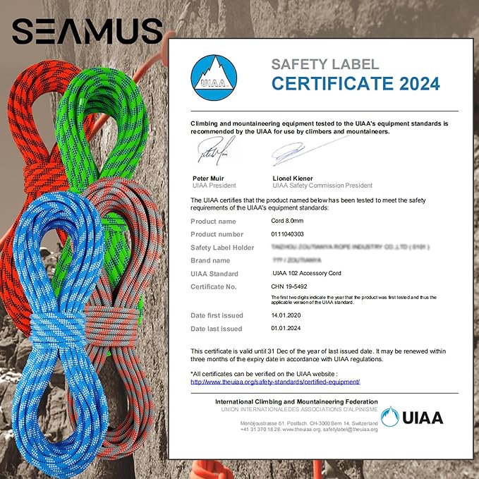 SEAMUS 8mm Prusik Accessory Cord 30M (100ft) UIAA Rock Climbing Rope 14Kn High Tensile Strength Rock Climbing Accessories Cord Double Braid Nylon Cord for Mountain Tree Climbing,Fire Rescue