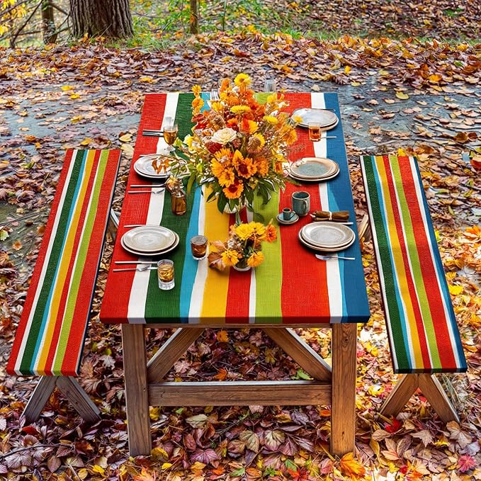 JAWO Picnic Table Covers with Bench Covers Modern Stripe Camping Tablecloth Fitted Picnic Table Cover with Elastic Windproof Waterproof Fabric, Camping Accessories Patio & Outdoo