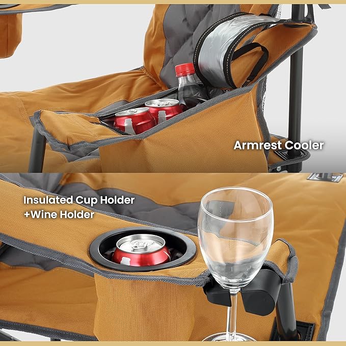 ARROWHEAD OUTDOOR 2-Pack Portable Folding Camping Quad Chair w/ 6-Can Cooler, Cup & Wine Glass Holders, Heavy-Duty Carrying Bag, Padded Armrests, Headrest & Seat, Supports up to 550lbs