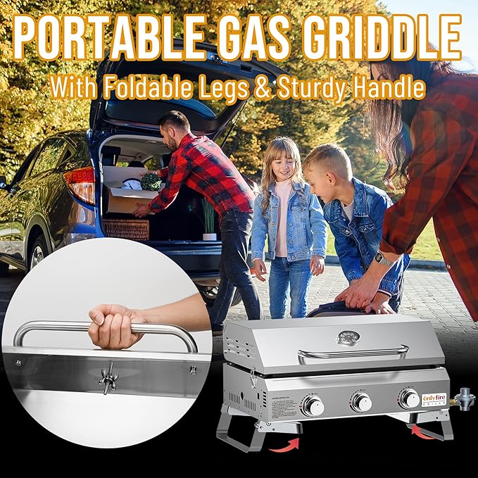 Tabletop Gas Griddle with Foldable Legs, Portable 3-Burner Propane Gas Flat Top Grill Griddle for Outdoor Cooking Patio Barbecue Camping Tailgating RV BBQ, Stainless Steel, #GS309