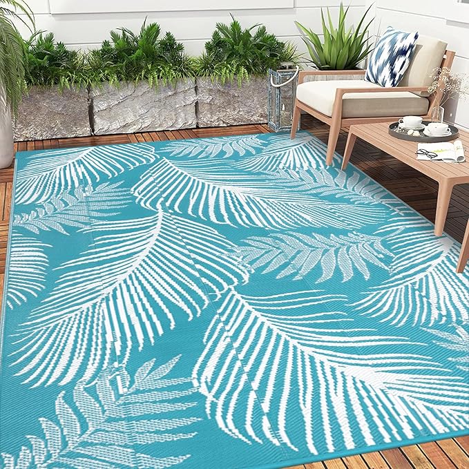 Pauwer Waterproof Outdoor Rug 6x9, Reversible Plastic Straw Patio Camping Rug, Indoor Outdoor RV Mat Carpet for Deck, Camper, Porch, Balcony, Backyard, Picnic, Leaf Teal