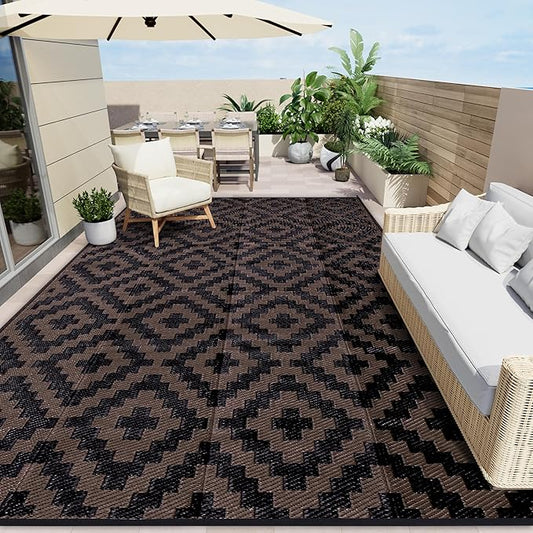 OLANLY Waterproof Outdoor Rug 9x18 ft, Outdoor Plastic Straw Rug for Camping, RV Mat Outside, Outdoor Carpet for Porch, Deck, Backyard, Balcony, Picnic, Black & Brown