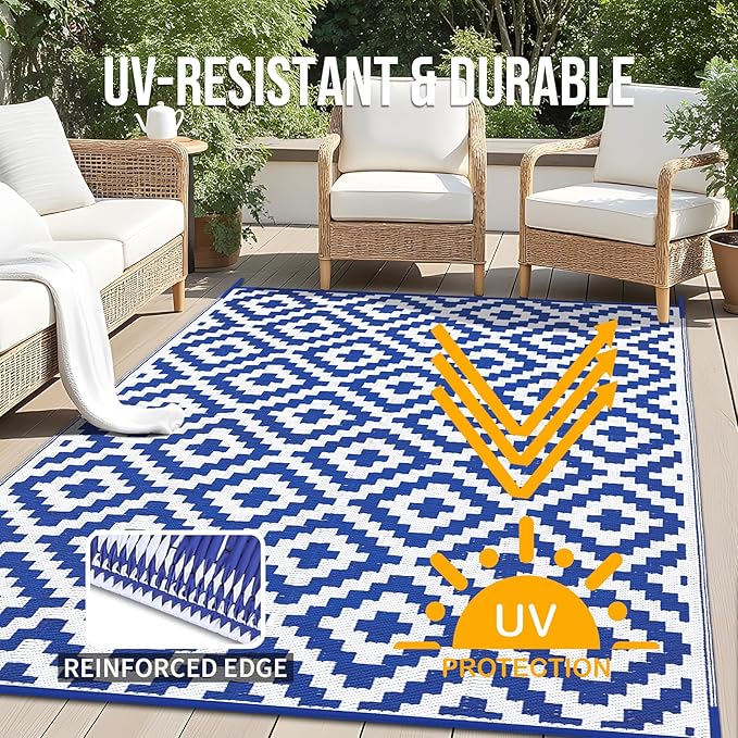 OLANLY Waterproof Outdoor Rug 8x10 ft, Outdoor Plastic Straw Rug for Camping, RV Mat Outside, Outdoor Carpet for Porch, Deck, Backyard, Balcony, Picnic, Blue & White