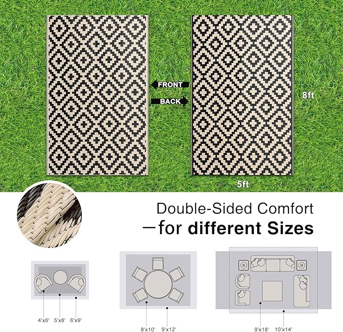 OLANLY Waterproof Outdoor Rug 5x8 ft, Outdoor Plastic Straw Rug for Camping, RV Mat Outside, Outdoor Carpet for Porch, Deck, Backyard, Balcony, Picnic, Black & Beige