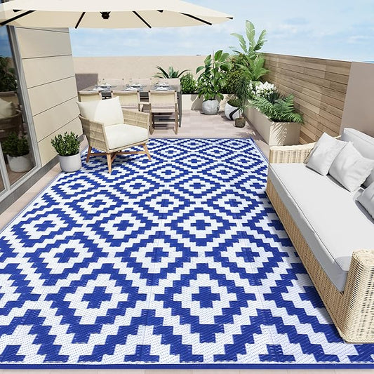 OLANLY Waterproof Outdoor Rug 8x10 ft, Outdoor Plastic Straw Rug for Camping, RV Mat Outside, Outdoor Carpet for Porch, Deck, Backyard, Balcony, Picnic, Blue & White