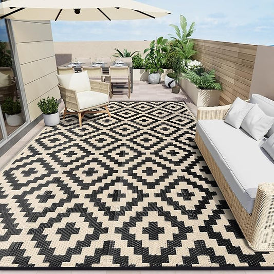 OLANLY Waterproof Outdoor Rug 10x14 ft, Outdoor Plastic Straw Rug for Camping, RV Mat Outside, Outdoor Carpet for Porch, Deck, Backyard, Balcony, Picnic, Black & Beige