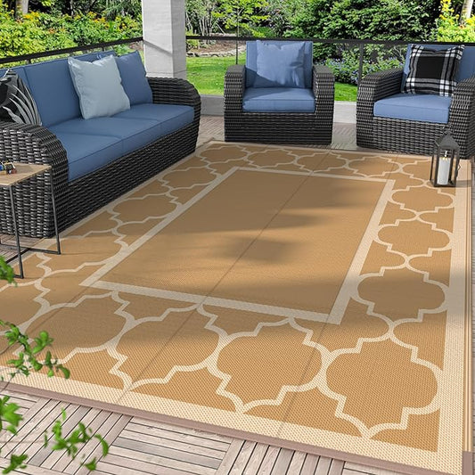 GENIMO 5' x 8' Outdoor Rug Waterproof for Patio Decor, Foldable Reversible Plastic Straw Area Rugs Mat for Camper, Outside Carpet for Rv, Deck, Porch, Picnic, Beach, Balcony, Brown & Beige