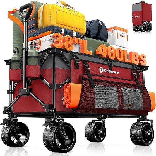 220L Collapsible Wagon Cart Foldable, 460LB Load Capacity Heavy Duty Folding Beach Wagons with Big All-Terrain Wheels, Utility Carts for Groceries, Shopping, Camping, Sports - Grey&Burgundy