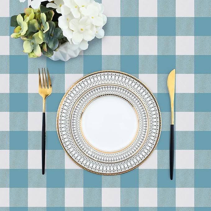 misaya Rectangle Waterproof Vinyl Table Cloth, Buffalo Flannel Backed Tablecloth, Wipeable Plastic Table Cover for Dinner, Kitchen, Outdoor (60" x 102", Aquamarine and White)