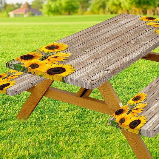 3 Pcs Sunflower Wooden Picnic Table Cover with Bench Covers,6Ft Rustic Sunflower Waterproof Fitted Picnic Table Cloths Retro Wood Texture Elastic Outdoor Picnic Tablecloth for Camping Patio Travel,2