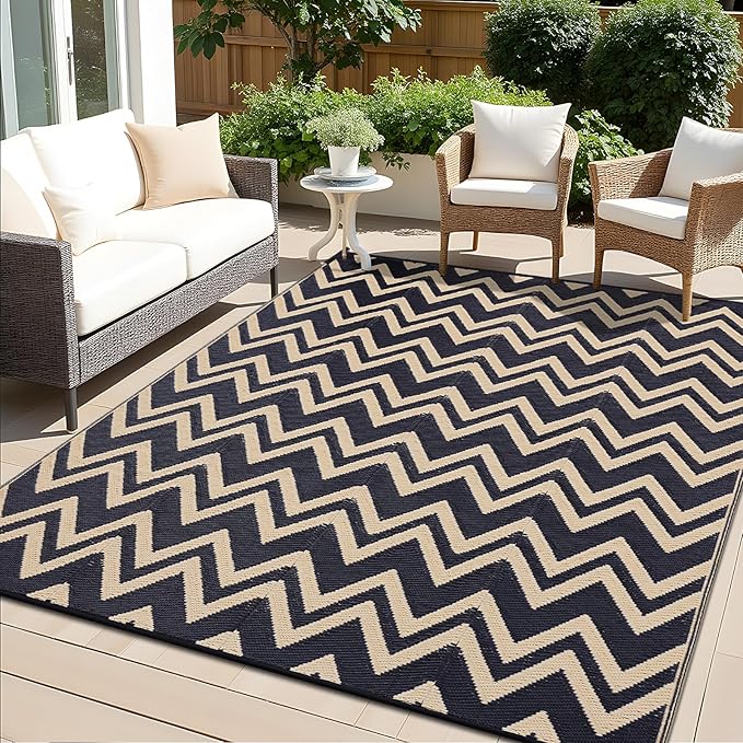 OLANLY Waterproof Outdoor Rug 6x9 ft Clearance, Reversible Outdoor Plastic Straw Rug, RV Mat, Indoor Outdoor Carpet for Patio, Camping, Balcony, Deck, Backyard, Black & Beige
