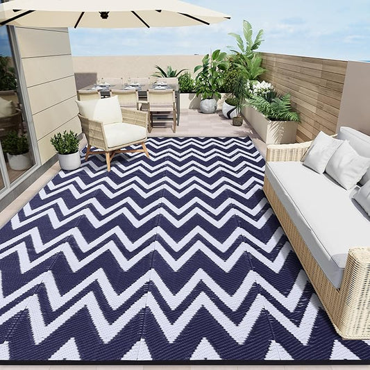 OLANLY Waterproof Outdoor Rug 9x12 ft Clearance, Reversible Outdoor Plastic Straw Rug, RV Mat, Indoor Outdoor Carpet for Patio, Camping, Balcony, Deck, Backyard, Navy & White