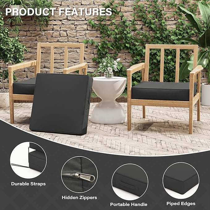 Patio Chair Cushions 22 X 22 X 4 Inch Waterproof Outdoor Seat Cushions for Patio Furniture, Outdoor Sofa Couch Pads with Ties & Handle, Set of 2, Grey