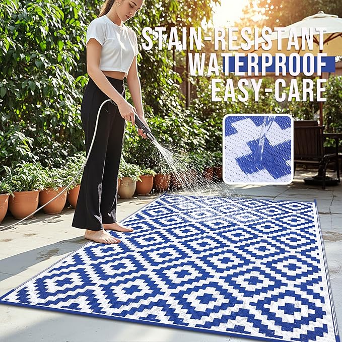 OLANLY Waterproof Outdoor Rug 8x10 ft, Outdoor Plastic Straw Rug for Camping, RV Mat Outside, Outdoor Carpet for Porch, Deck, Backyard, Balcony, Picnic, Blue & White